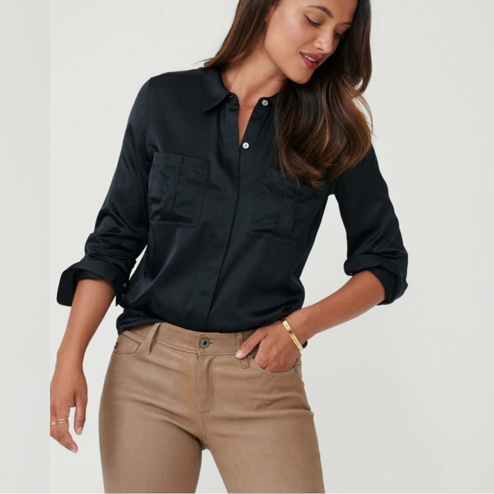 UnTuckIt Carlina Shirt Black Silk Button Down Women’s 2‎